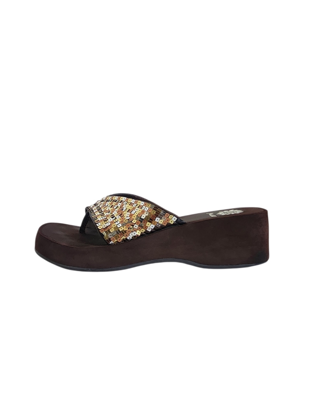 Yellow Box Metallic Silver and Gold Sequin Brown Wedge Flip Flops Size 8.5
